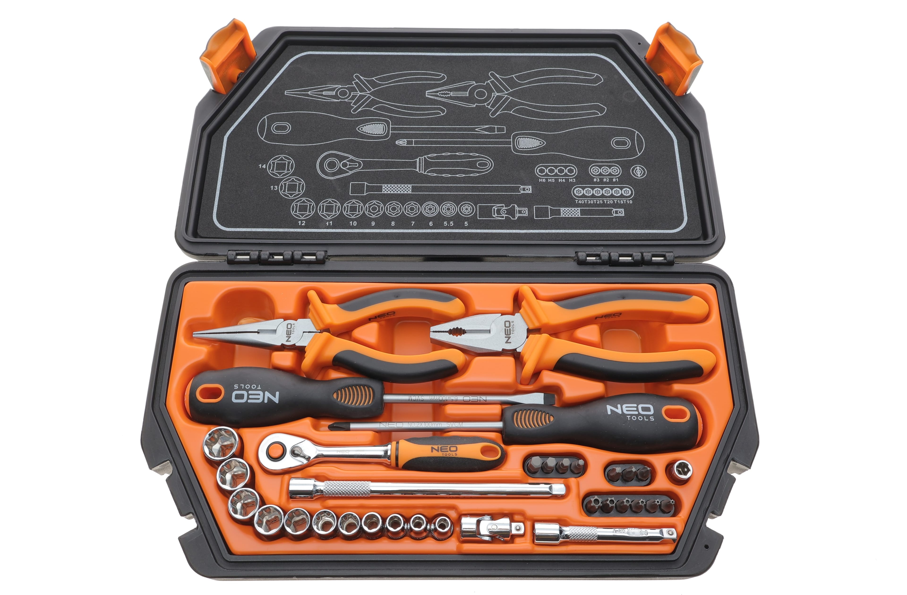 Product image of Набір інструменту комбінований 1/4" (головки, біти, викрутки, плоскогубці) 33 од. (хромовані)