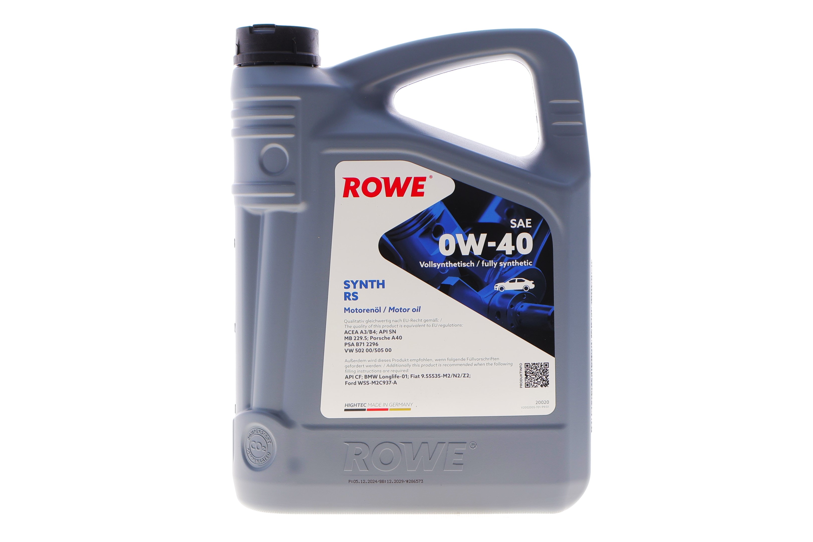 Олива 0W40 HIGHTEC SYNTH RS (4L) (MB 229.5/Porsche A40/VW 502 00/505 00) (ACEA A3/B4) (API SN/CF) - 1